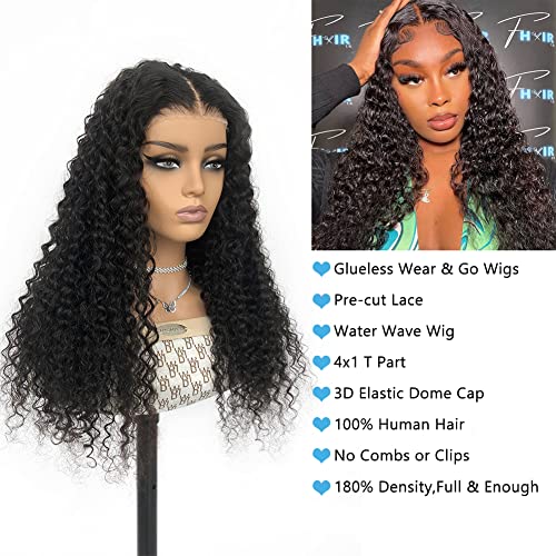 4Girl4Ever Glueless Ready To Wear Go Wigs Water Wave T Part Lace Front Wigs Human Hair Pre Plucked For Women 4X1 Pre-Cut Hd Lace Closure Wigs Human Hair Glueless 3D Dome Cap Wig No Combs 180 Density Black Color 22 Inch #TOP2