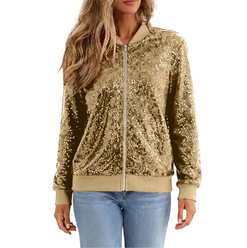 Gryvoilet Women Glitter Sequined Bomber Jacket Zip Up Rib Stand Collar Long Sleeve Cropped Sparkly Jacket Casual Party Club Coat with Pockets - image 4