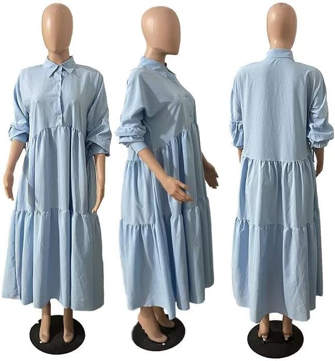 Women's Long Sleeve Maxi Shirt Dress Elegant Button Down Loose Swing Party Dress - Image 5