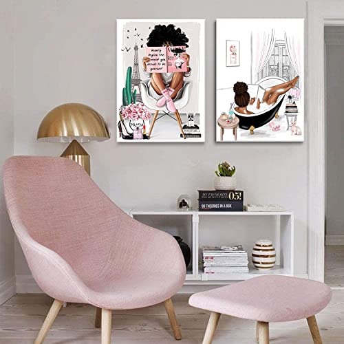 2 Pieces Framed African American Wall Art Modern Fashion Paris Pink White Afro Black Girls Women Canvas Wall Decor Pictures Posters Prints Artwork For Bathroom Living Room Bedroom Home Decoration #TOP5