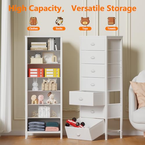 Furnulem White Tall Dresser for Bedroom with 7 Drawers, Vertical Chest of Drawer in Closet, Nightstand Storage Tower Unit Organizer with Fabric Bins for Dorm,Living Room,Entryway,Hallyway - Image 5
