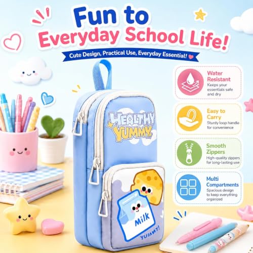 Image of Invite Enterprise Double Zipper Pencil Pouch for Kids | Large Capacity Stationery Organizer | Multi-Compartment Pencil Case for School, Office & Travel | Cute Food Theme Design