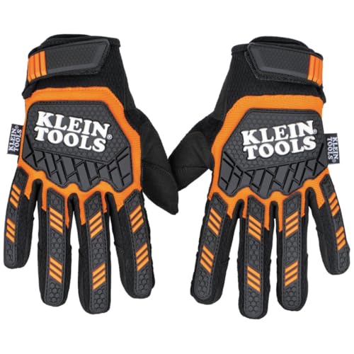 Klein Tools 60599 Work Gloves, Heavy-Duty Suede Palm Gloves, TPR Impact Resistant, Touchscreen-Capable, Hook and Loop Wrist Strap, Medium