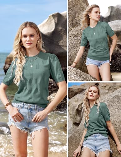 Image of Arach&Cloz Women's Short Sleeve Crew Neck Sweaters Trendy Teacher Work Tops | Lightweight&Breathable Fabric, Texture Knit Design, Relaxed Fit, Business Casual Outfits, Teacher Work Tops Fall 2026