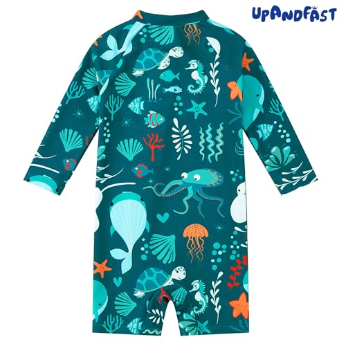 Baby Boy Swimsuit with Full Zip UPF 50+ Infant One-piece Sunsuit Toddler Long Sleeve Swimwear (green whale, 9-12 months)