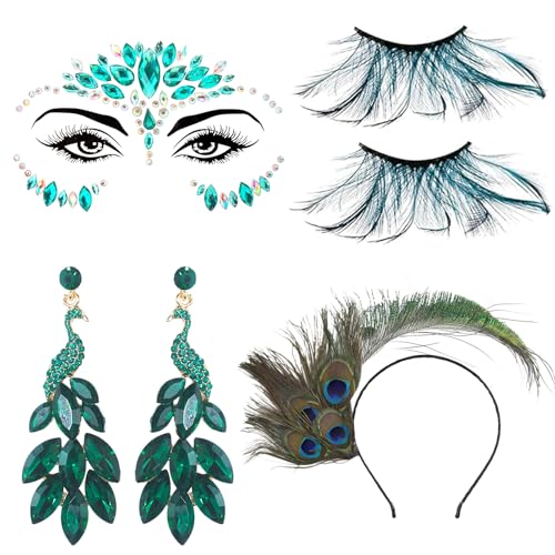 Huahuanghui Tocado Plumas Pavo Real, con Pestañas de Plumas y Diadema de Plumas de Pavo Real, Pendientes de Plumas de Pavo Real, Accesorios para el Cabello de Plumas, para Halloween Carnaval Cosplay