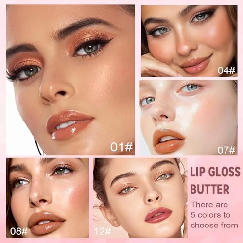 Image of 5 Pc Honey Butter Lip Stain Set, Tinted Lip Oil Gloss, Moisturizing Hydrating Plumper Liquid Lipstick Lip Blam for Women, Lightweight Lip Liner Effect, Vegan Brown Nude & Berry Mauve (#1 #4 #7 #8 #12)