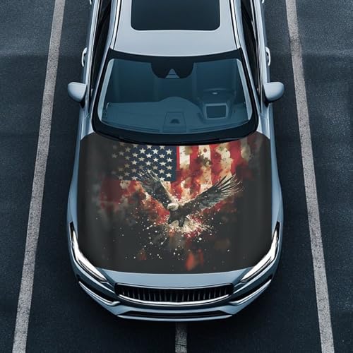 Image of Car Hood Cover, American Flag Eagle Blurred Design, Stretchable Car Hood Protector, Auto Patriotic Decorations, Waterproof Sun-Proof Automotive Exterior Accessories