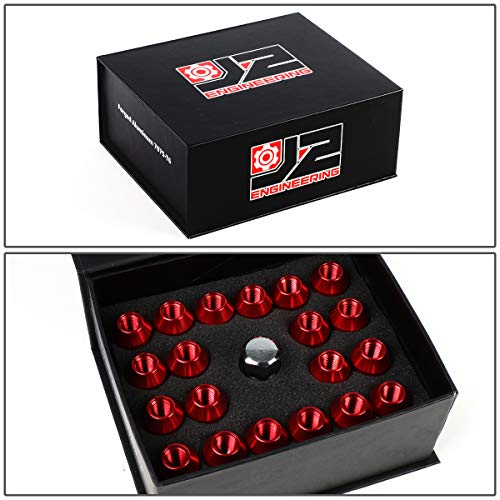 Image of J2 Engineering LN-T7-007-15-RD Red 7075 Aluminum M12X1.5 20Pcs L: 50mm Close End Lug Nut w /Socket Adapter