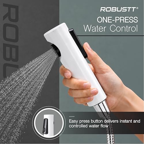 Image of Robustt Health Faucet for Toilet ABS Jet Spray Gun (White) with 1.2 m Premium 304 Stainless Steel Hose & Wall Holder | One-Press Water Control, Anti-Rust Body, Leak-Proof | for Bathroom and Cleaning