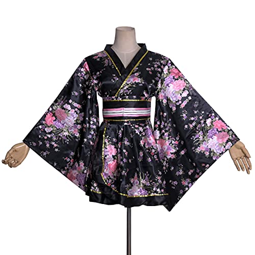 Image of HUAHUA Women's Sexy Short Kimono Dress Floral Print Japanese Traditional Geisha Robe Bathrobe Skirt Belt Outfit
