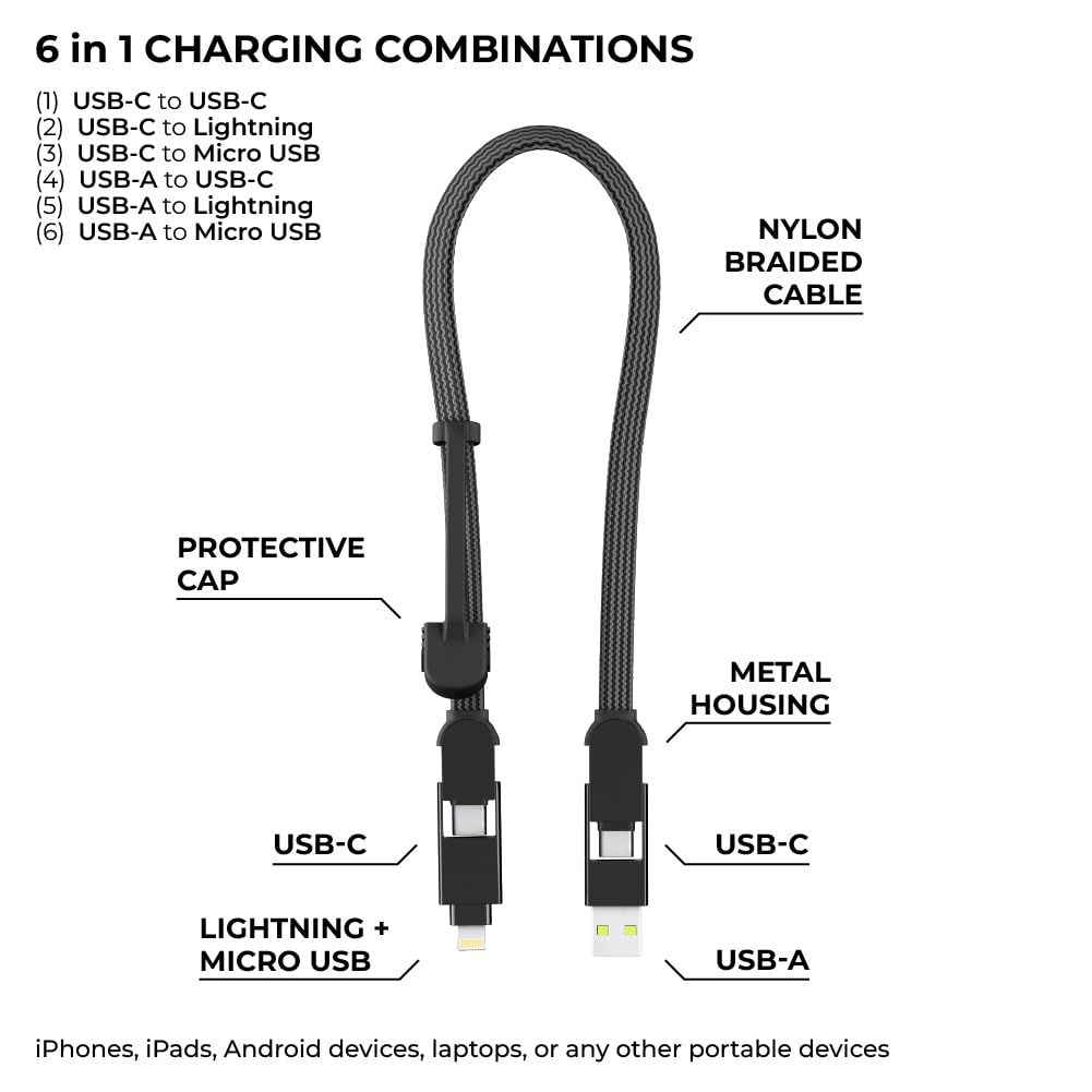Rolling Square inCharge XL 6-in-1 Multi Charging Cable, Portable USB and USB-C Cable with 100W Ultra-Fast Charging Power, 1 Ft/0.3m, 3 Units Bundle