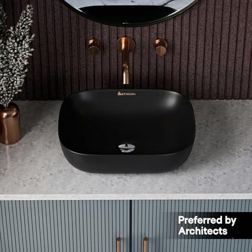Image of Designer Ceramic Wash Basin For Bathroom | Over Counter Bathroom Basin | Counter Top Bathroom Sink | Wash Basin For Restaurant, Hotel (18 x13 x 5 Inch) (13x18 Matte Black)