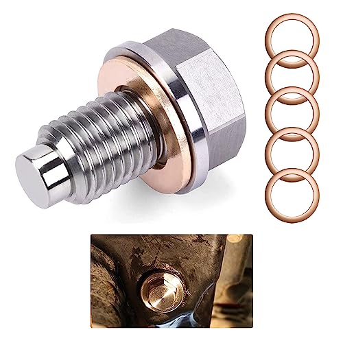 Kewucn Magnetic Oil Drain Plug, M12×1.75 Stainless Steel Oil Drain Plug with 5 Pcs Copper Crush Washer, Aluminum Craft with Red Copper Washer Gaskets, Universal Replacement for Most Car