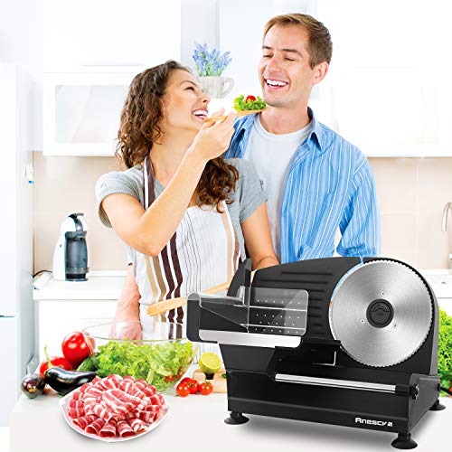 Meat Slicer, Anescra 200W Electric Deli Food Slicer with Two Removable 7.5’’ Stainless Steel Blades and Food Carriage, Child Lock Protection, 0-15mm Adjustable Thickness Food Slicer Machine- Black