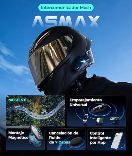 Miniatura 2 de Asmax F1 Intercomunicador Casco Moto Bluetooth, 10 Motociclistas Mesh Intercom, Control De Voz En Español, 50min Carga Rápida Montaje Magnético Cancelación De Ruido Emparejamiento Universal, Doble