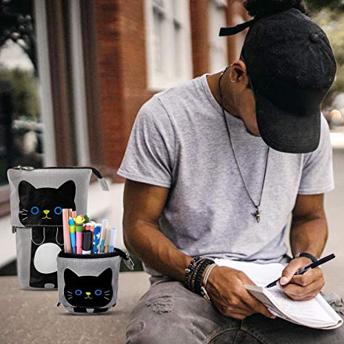 iSuperb Transformer Stand Store Pencil Holder Canvas+PU Cartoon Cute Cat Telescopic Pencil Pouch Bag Stationery Pen Case Box with Zipper Closure 7.5 x 4.9 x 3.0inch/4.1x 3.0inch (Gray)
