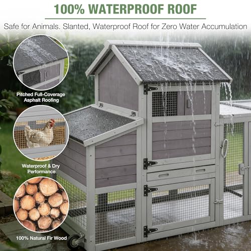 Image of Mobile Chicken Coop with Wheels for 4-6 Chickens, Large Wooden Hen House Duck Cage with Run, Nesting Box, Easy Clean Pull-Out Tray, Waterproof Asphalt Roof - Grey, 78 inch L x 27.6 inch W x 45 inch H