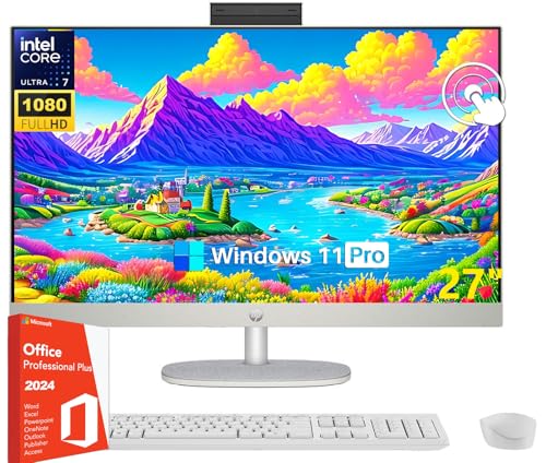 HP 27" All-in-One Desktop Computer, FHD IPS Touchscreen, Intel 12-core Ultra 7 155U (Up to 4.8 GHz), 32 GB DDR5, 1 TB SSD, Wi-Fi 6, HDMI, Wireless KB & Mouse, Windows 11 Pro, w/Lifetime Office 2024