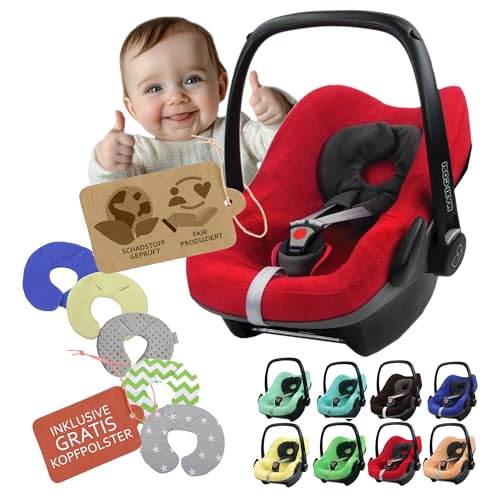 Funda de verano de rizo [funda protectora para capazo] Asiento de coche compatible con Maxi Cosi Pebble y Pebble Plus + cojín para la cabeza (rojo)