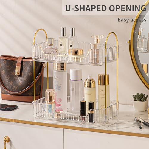 Image of Akinbas 2 Tier Bathroom Organizer Countertop Makeup Perfume Tray Skincare Organizer for Bathroom Dresser Vanity (White)