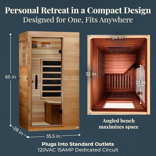 Dynamic Saunas Elite 1 Person Compact Ultra Low EMF FAR Infrared Sauna with Red Light Therapy & Bluetooth Speakers - Personal Indoor for Home & Gym