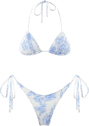 Womens Triangle Bikini Set String Swimsuit Print Tie Smocked Ruched Two Piece Bathing Suit