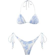 Women's Triangle Bikini Set String Swimsuit Print Tie Smocked Ruched Two Piece Bathing Suit