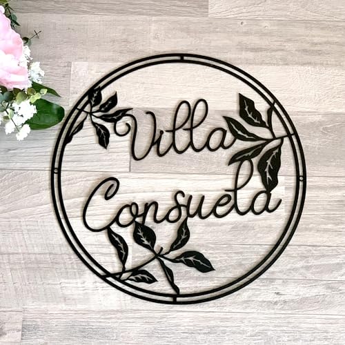 Nombre de villa personalizado metálico, Cartel para casa, Placa para exteriores, Colgador de puerta, Portales, Calle, Signo montado la pared, Letreros de casa, Hojas cortadas con láser, Diseño floral