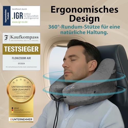 FLOWZOOM Air Nackenkissen Flugzeug in H-Design, Reisekissen für 5 Schlafpositionen, schnell aufblasbar & druckregulierbar, Nackenhörnchen mit Abnehmbarer Kapuze & Plüschbezug - Größe L, Grau