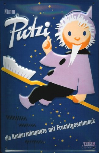 Buddel-Bini Versand Blechschild Putzi Kinderzahnpaste Zahnpasta Schild Sandmann Zahnbürste DDR VEB Elbe Chemie Dresden Schild Retro Werbeschild Ostalgie Ostprodukt