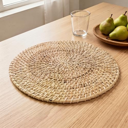 Image of Encasa XO Dining Round Table Mats Set of 2 | Rattan Placemat - 30 cm Diameter | Natural Cane Handmade Woven | Boho Farmhouse Wicker Chargers for Dinner Plates