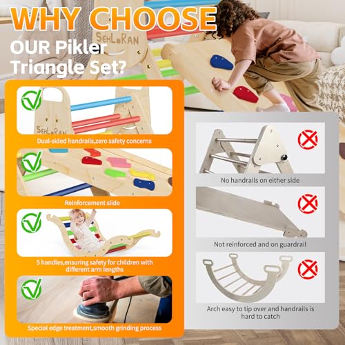 Image of Sehloran Large Size 8 in 1 Pikler Triangle Set with Pinball Game and Tent for Kids, Foldable Toddler Climbing Toys Indoor, Natural Wooden Montessori Climbing Set Jungle Gym with Arch&Ramp&Ladder