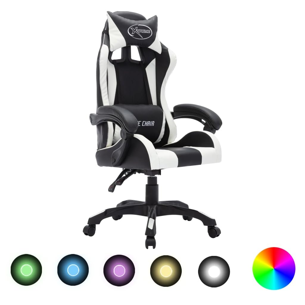 vidaXL Silla de gaming con luces LED RGB blanca y negra de piel sintética