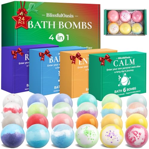 BlissfulOasis Bath Bombs Set, 24 Pcs Shower Bombs with 6 Refreshing Scents, Perfect for Moisturizing & Relaxing, Ideal for Birthday, Mother's Day, Valentine's Day Present Giving, Presents for Women