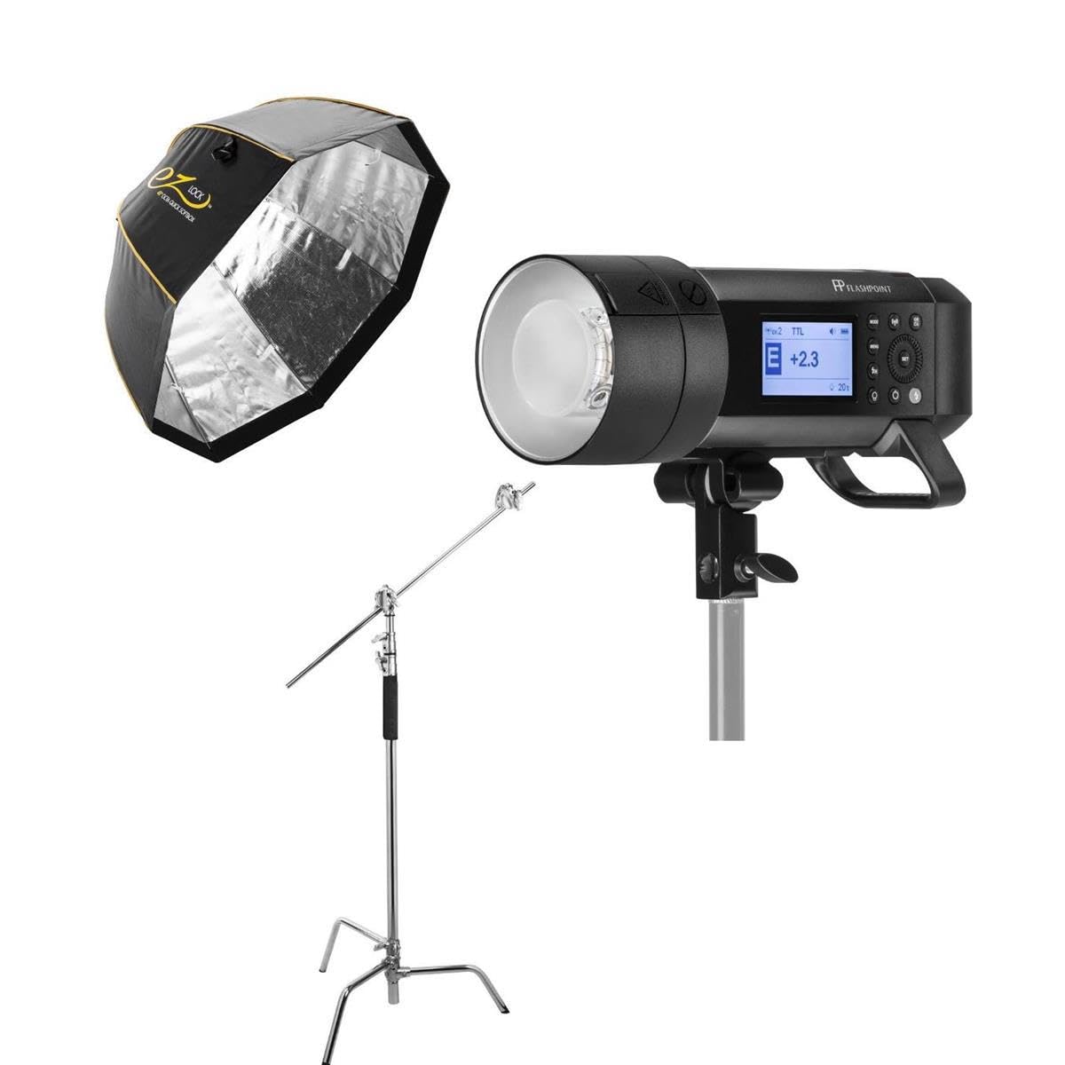 Flashpoint XPLOR 600 PRO TTL - Glow EZ Lock Octa Quick XL Softbox with Bowens Mount (48in), Flashpoint 10' Century Light Stand on Turtle Base Kit with 40in Grip Arm, 2 GOBO Heads, Baby Pin - Chrome