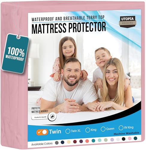 Utopia Bedding Waterproof Mattress Protector Twin Size, Premium Terry Mattress Cover 200 GSM, Breathable, Fitted Style with Stretchable Pockets (Pink)