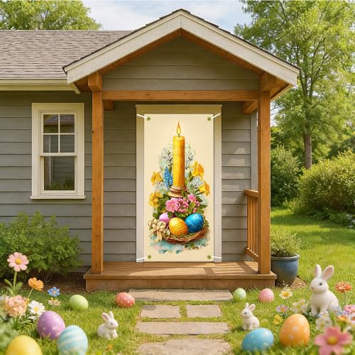 Image of Religious Easter Door Cover Candle and Eggs Banner Vintage Jesus Easter Door Decorations Home Party Outdoor Decor 35.4x71 Inch
