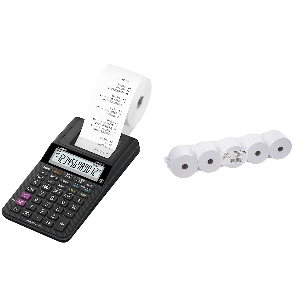 CASIO Druckender Tischrechner HR-8RCE, 12-stellig & GENIE Additionsrollen Ersatz-Papierrollen geeignet für Kassen und druckende Tischrechner 40 lfm 100 prozent Holzfrei 57 x 12 mm, weiß, 5 Stück