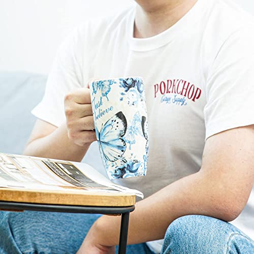 DUSVALLY Ceramic Mug Tall Coffee Cup with Lid, Handle and Gift Box Latte Mug 17oz,Blue Butterfly, Large - Image 2