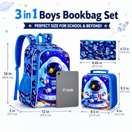 Image of 3Pcs Space Backpack for Boy, 16 inch Astronaut Bookbag for Elementary Preschool Kindergarten, Kids School Backpacks with Lunch Box (Blue)