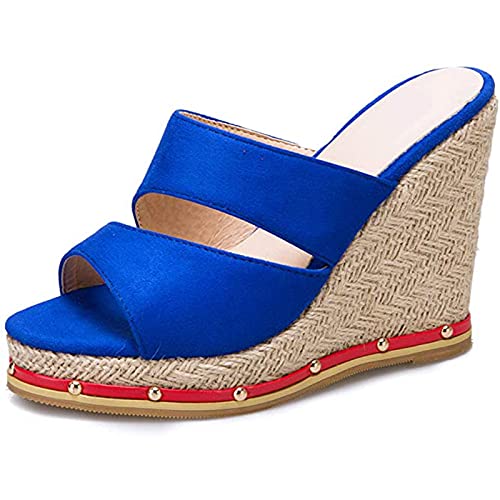 WellingA Sandalen Damen Keilabsatz Römersandalen Espadrilles Plateau High Heels Elegant Sommer Schuhe Fischmaul Schuhe Sandalen,Blau,46 Cover