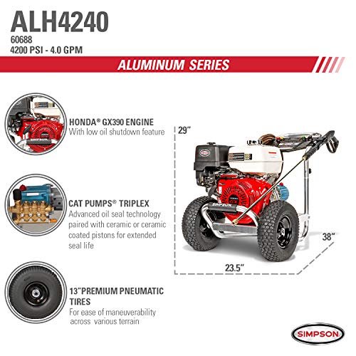 SIMPSON Cleaning ALH4240 Aluminum Gas Pressure Washer Powered by Honda GX390, 4200 PSI @ 4.0 GPM, Red