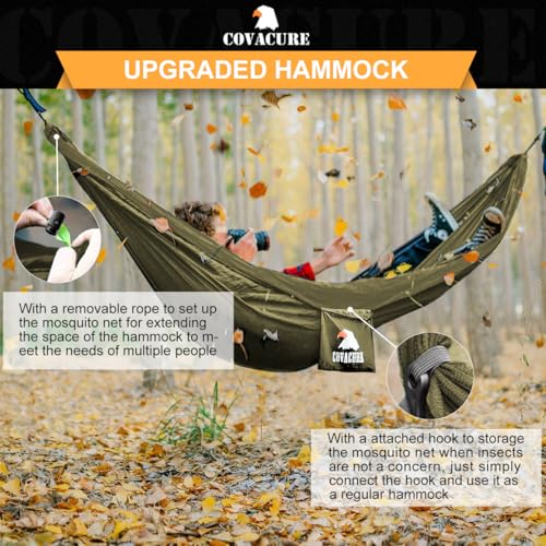 Image of COVACURE Camping Hammock - 772lbs Capacity Portable Hammock with Tree Straps, Durable Parachute Nylon Travel Hammock, Outdoor Camping Gear for Hiking, Backpacking, Travel or Backyard (Army Green)