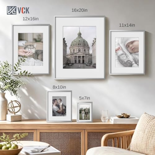 Image of VCK 12x16 Frame Silver Metal, Real Glass, 8.5x11 Mat, Set of 6, for Picture