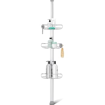 Simplehuman Medium Tension Shower Caddy Telescopic Shower Shelf Bathroom Shelf No Drilling Required Extendable to 1.5m - 2.4m Brushed Steel BT1109DC Stainless Steel + Anodized Aluminum