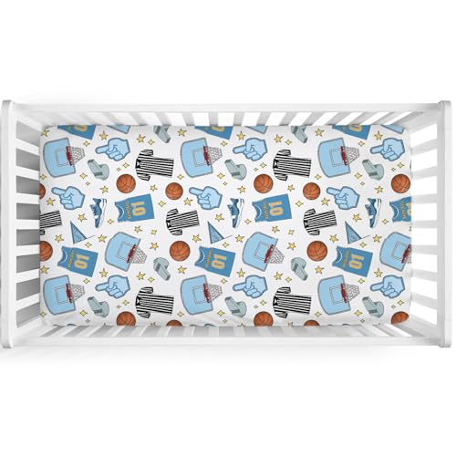 Image of Funny Basketball Baby Crib Sheet 52''x28'' Basketball Sports Snug Fitted Crib Mattress Cover for Boy Girl Basketball Balls Hoop Uniform Soft Nursery Baby Sheets for Standard Crib Toddler Mattress