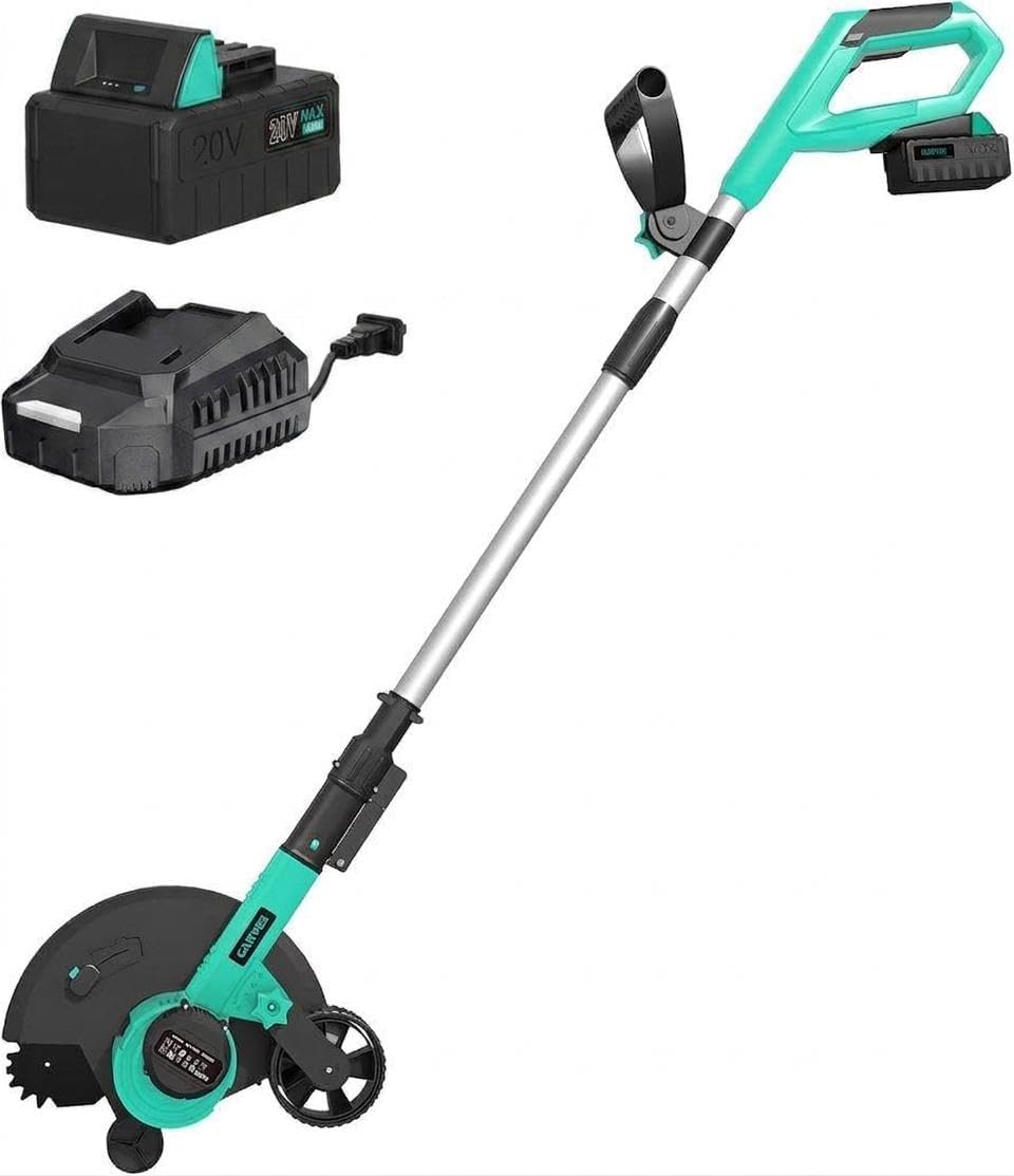Jojoka 20V Brushless Wireless Lawn Edger - 9-Inch Electric, 3 Depth Settings, Dual Wheels, Adjustable Handle, Includes 4.0Ah Battery & Charger - for Lawn, Sidewalk, Driveway (Lake Green)