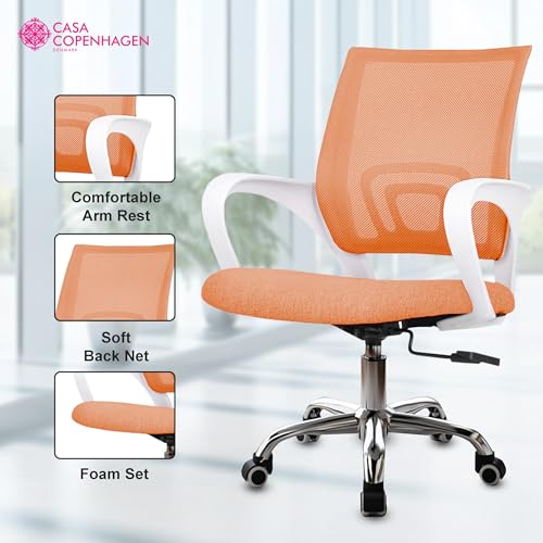 Image of Casa Copenhagen Mesh Mid Back Office /Study /Computer /Revolving /Desk Chair for Work from Home -Metal Base, Height Adjustable Seat- Pomorange& White Handle
