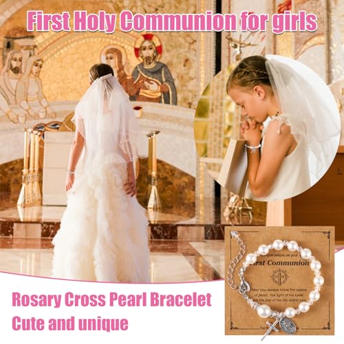 Image of Mikovivi First Communion Bracelets for Girls, Catholic Rosary Cross Pearl Bracelet Christian 1st Holy Communion Gifts for Daughter Niece Granddaughter Easter Baptism Gift